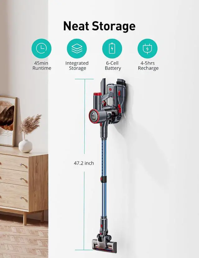 Alt view image 6 of 6 - Aspiron Cordless Vacuum Cleaner,550W/55KPA Stick Vacuum Cleaner for Home, LED Touch Display Screen, 2 Charging Ways,Anti-Tangle Design,2 HEPA Filters, LED Headlight,for Hard Floors,Carpets,Sofa,Car