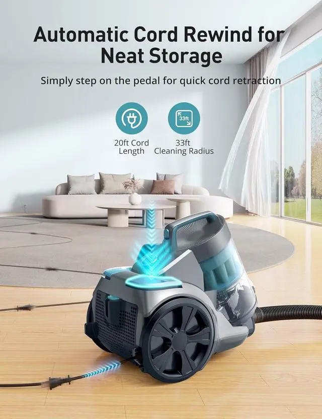 Alt view image 7 of 7 - Aspiron 1700W Canister Vacuum Cleaner, 45Kpa Bagless Vacuum Cleaner | Multi-Cyclonic Filtration, 2 Anti-Allergen HEPA Filters, 3.5QT Dust Cup, No Hair Tangles for Pet Hair, Hard Floor, Frost