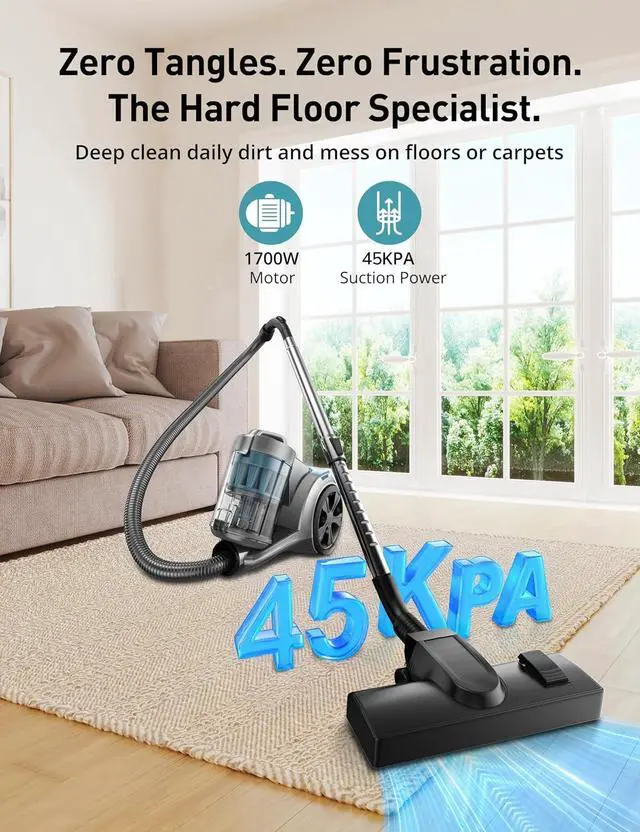 Alt view image 2 of 7 - Aspiron 1700W Canister Vacuum Cleaner, 45Kpa Bagless Vacuum Cleaner, Multi-Cyclonic Filtration, 2 Anti-Allergen HEPA Filters, 3.5QT Dust Cup, 4 Tools, No Hair Tangles for Hard Floor, Pet Hair, Teal