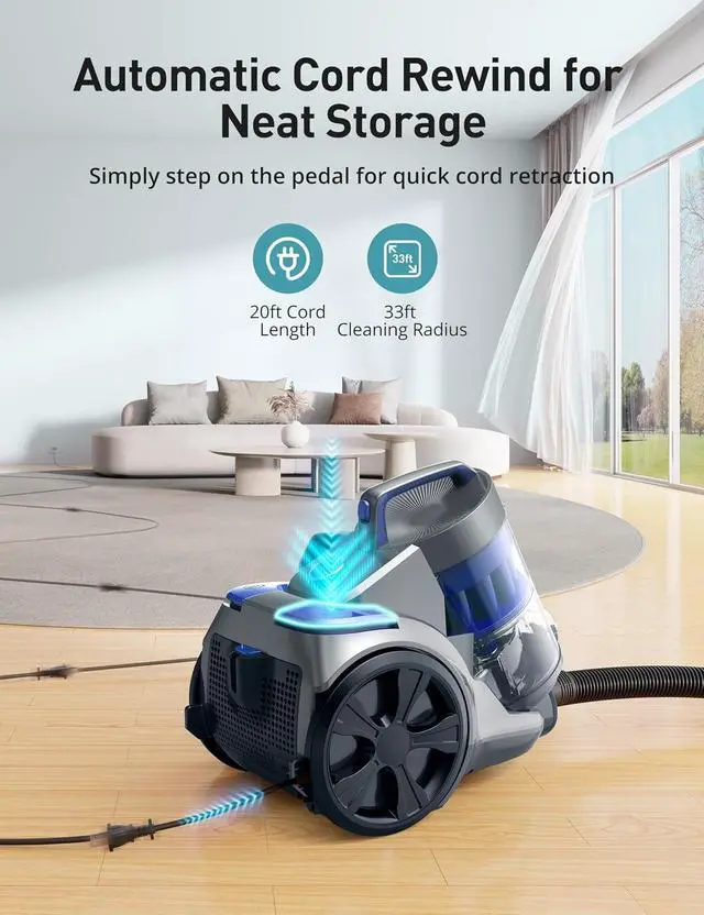 Alt view image 6 of 7 - Aspiron 1700W Canister Vacuum Cleaner, 45Kpa Bagless Vacuum Cleaner, Multi-Cyclonic Filtration, 2 Anti-Allergen HEPA Filters, 3.5QT Dust Cup, 4 Tools, No Hair Tangles for Hard Floor, Pet Hair, Navy