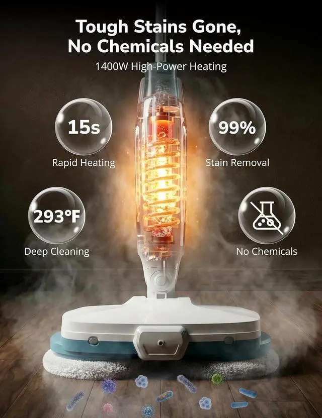 Alt view image 2 of 7 - Aspiron Steam Mop, 10-in-1 Steam Mop and Handheld Steamer, 15s Heat-Up, Self-Rotating Scrub Pads, 2 Steam Modes with Spray,500ML Removable Tank,LED Light,Floor Steamer for Hardwood,Tile, Carpet,Car