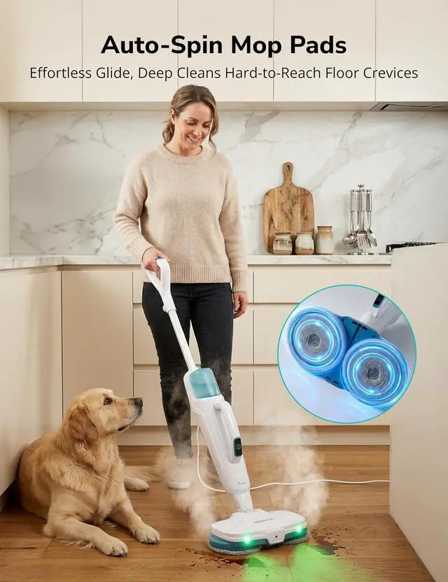 Alt view image 4 of 7 - Aspiron Steam Mop, 10-in-1 Steam Mop and Handheld Steamer, 15s Heat-Up, Self-Rotating Scrub Pads, 2 Steam Modes with Spray,500ML Removable Tank,LED Light,Floor Steamer for Hardwood,Tile, Carpet,Car
