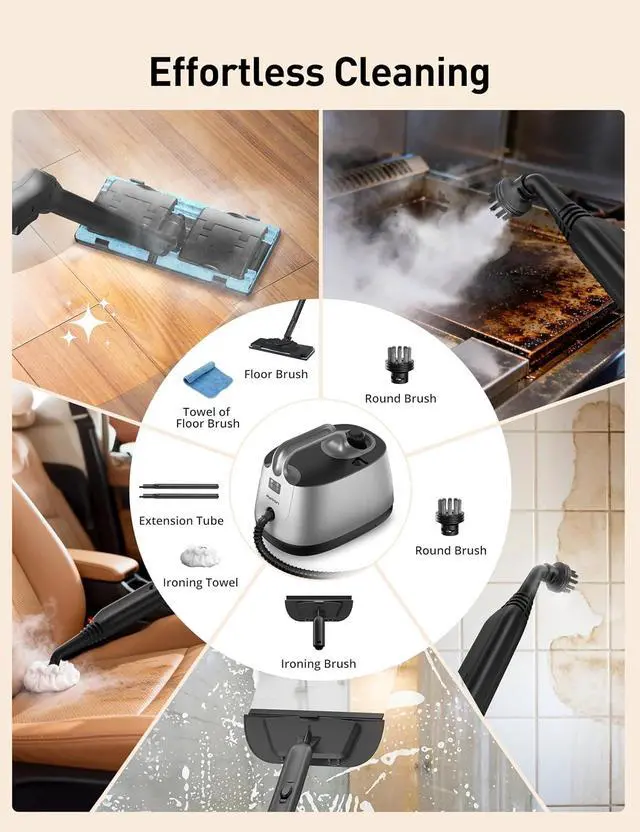 Alt view image 5 of 7 - Steam Cleaner, 293°F 58 PSI Powerful Multipurpose Handheld Steam Mop for Home Use, 21 Attachments, 50Oz Capacity, Heavy Duty Steamer for Carpets, Floors, Cars, Tiles, Crack Cleaning, Titanium