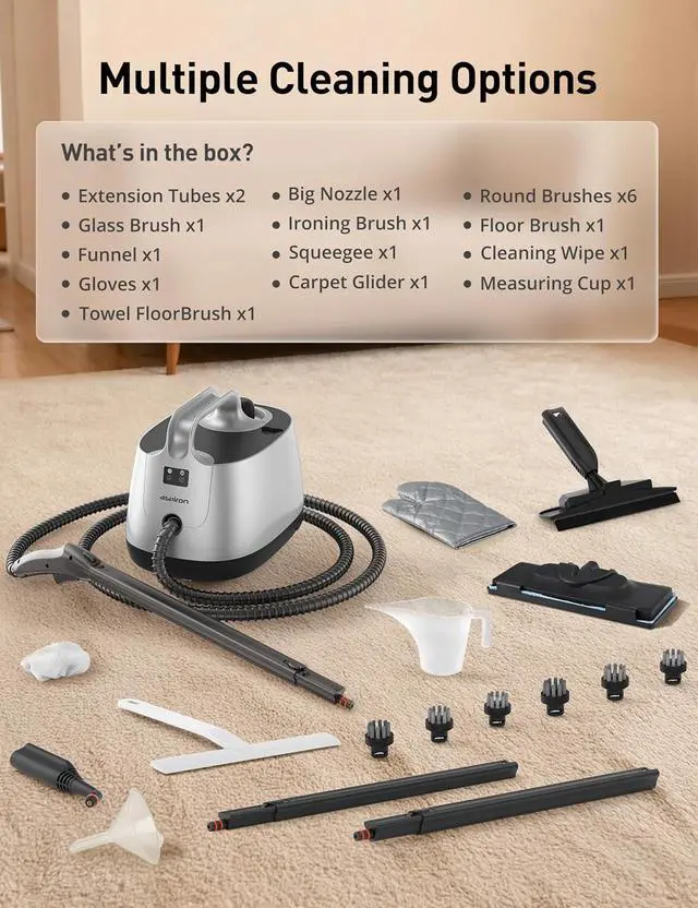 Alt view image 7 of 7 - Steam Cleaner, 293°F 58 PSI Powerful Multipurpose Handheld Steam Mop for Home Use, 21 Attachments, 50Oz Capacity, Heavy Duty Steamer for Carpets, Floors, Cars, Tiles, Crack Cleaning, Titanium