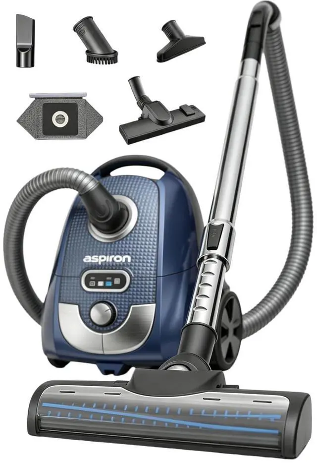 Main image of Aspiron Canister Vacuum, 1600W/40Kpa Canister Bagged Vacuum,4QT Dust Bag, H13 HEPA Filter, 5 Tools, Pet-Friendly,Variable Power Control,for Carpets, Hardwood Floors, Stairs, Pet Hair, Household,Car