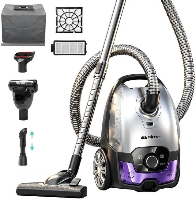 Main image of Aspiron Canister Vacuum,1700W/45KPA Bagged Vacuum Cleaner,6QT Large Capacity,Auto Cord Rewind,HEPA Filter,Low Noise,8M Cleaning Radius,Variable Power Control,Easy to Push,Hard Floor,Pet,Carpet