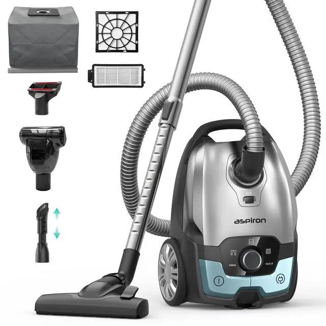 Main image of Aspiron Canister Vacuum, 1700W/45KPA Bagged Vacuum Cleaner, 5L Large Capacity, Auto Cord Rewind, HEPA Filter, Low Noise, 8M Cleaning Radius, Easy to Push, for Hard Floor, Low Pile Carpet, Crack, Car