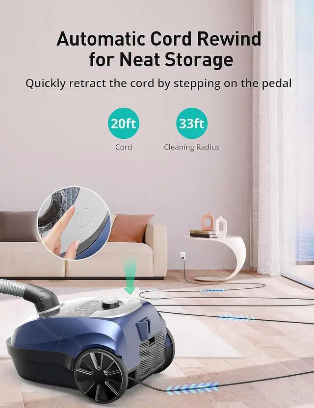 Alt view image 6 of 7 - Aspiron Canister Vacuum, 1600W/40Kpa Canister Bagged Vacuum,4QT Dust Bag, H13 HEPA Filter, 5 Tools, Pet-Friendly,Variable Power Control,for Carpets, Hardwood Floors, Stairs, Pet Hair, Household,Car