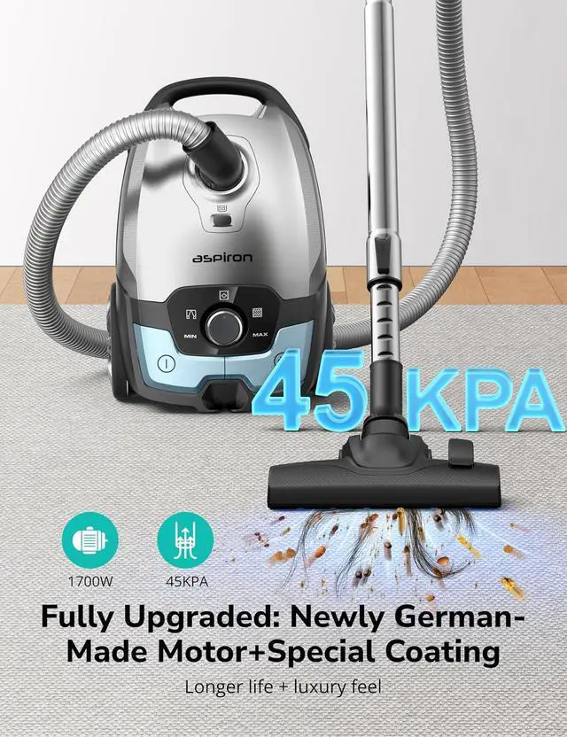 Alt view image 4 of 7 - Aspiron Canister Vacuum, 1700W/45KPA Bagged Vacuum Cleaner for Home,5L Large Replaceable Dust Bag, No Mess Empty, Pet Friendly, Auto Cord Rewind, HEPA Filter, for Floor, Low Pile Carpet, Crack, Car