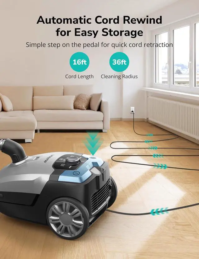 Alt view image 4 of 7 - Aspiron Canister Vacuum, 1700W/45KPA Bagged Vacuum Cleaner, 5L Large Capacity, Auto Cord Rewind, HEPA Filter, Low Noise, 8M Cleaning Radius, Easy to Push, for Hard Floor, Low Pile Carpet, Crack, Car
