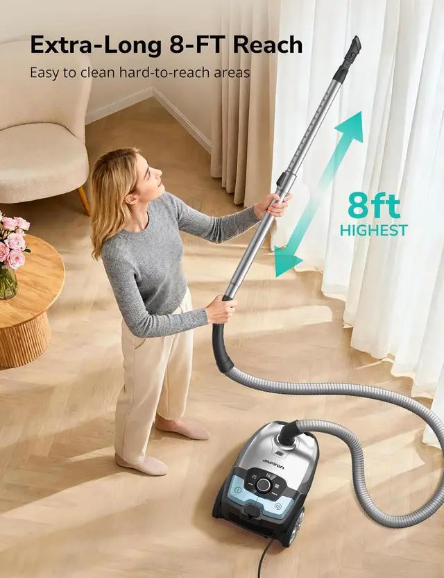 Alt view image 6 of 7 - Aspiron Canister Vacuum, 1700W/45KPA Bagged Vacuum Cleaner, 5L Large Capacity, Auto Cord Rewind, HEPA Filter, Low Noise, 8M Cleaning Radius, Easy to Push, for Hard Floor, Low Pile Carpet, Crack, Car