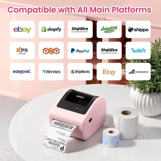 Alt view image 4 of 7 - Bluetooth Shipping Label Printer with 3 Roll Labels | D450BT Pink Thermal Label Printer 4x6 for Small Business, Thermal Printers Come with 750PCS 4x6 Labels (250 Labels/Roll)