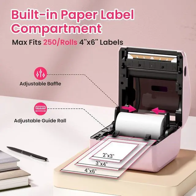 Alt view image 6 of 7 - Bluetooth Shipping Label Printer with 3 Roll Labels | D450BT Pink Thermal Label Printer 4x6 for Small Business, Thermal Printers Come with 750PCS 4x6 Labels (250 Labels/Roll)