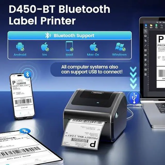 Alt view image 2 of 7 - D450BT Bluetooth Shipping Label Printer and 250Pcs Roll Thermal Labels, Wireless Thermal Label Printer for Small Business