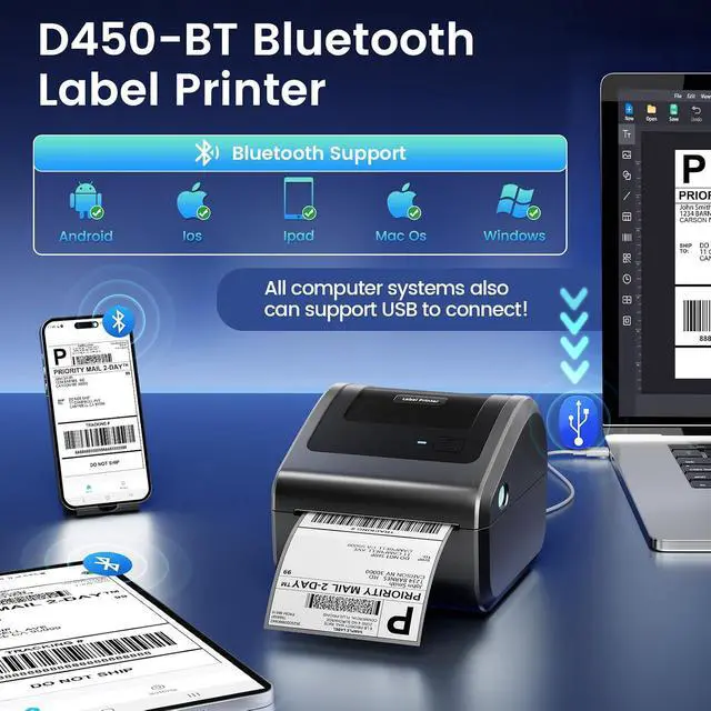 Alt view image 3 of 7 - D450BT Thermal Label Printer for Shipping Packages&2500Pcs 4x6 Thermal Labels,Thermal Printers for Small Business, Compatible with Android, iPhone, macOS, Windows, Tiktok, UPS