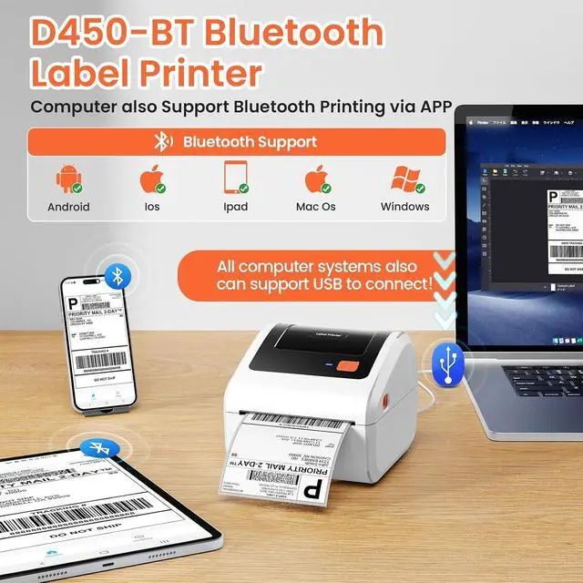 Alt view image 2 of 7 - D450BT Bluetooth Thermal Shipping Label Printer for Small Business&100Pcs Clear Thermal Labels for Small Business DIY Coffee Bean&Bread Ingredients Label