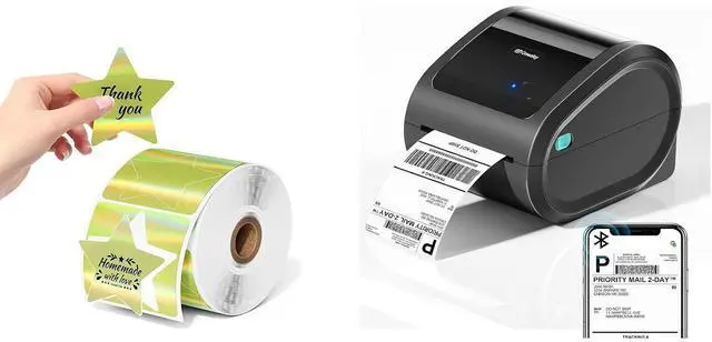 Main image of Bluetooth Shipping Label Printer 4x6 with 500 Sheets 3 Inch Golden Star Holographic Thermal Labels, Thermal Label Printer for Small Business, Thermal Printers with Built-in Label Holder
