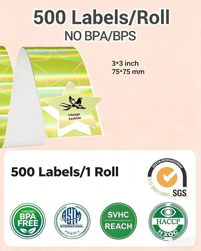 Alt view image 6 of 7 - Bluetooth Shipping Label Printer 4x6 with 500 Sheets 3 Inch Golden Star Holographic Thermal Labels, Thermal Label Printer for Small Business, Thermal Printers with Built-in Label Holder
