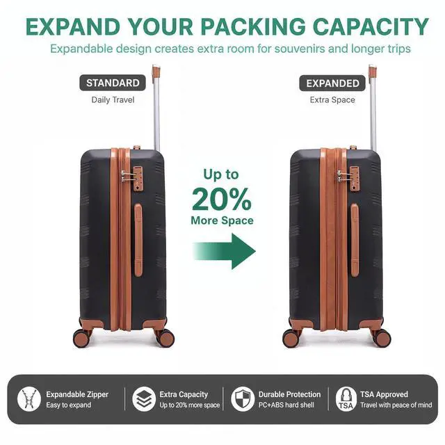Alt view image 7 of 7 - CONCEPTEN Expandable Hardshell Luggage Set 5 Piece, 22x14x9 Airline Approved Carry On, 20/24/28" Suitcase Set with TSA Lock, Spinner Wheels, ABS+PC (Black)