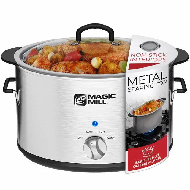 Main image of Magic Mill Slow Cooker 10 Quart | Extra Large Non-Stick Metal Searing Pot & Transparent Tempered Glass Lid Multipurpose Lightweight Slow Cookers, Pot is Safe to Put the On the Flame, Dishwasher Safe