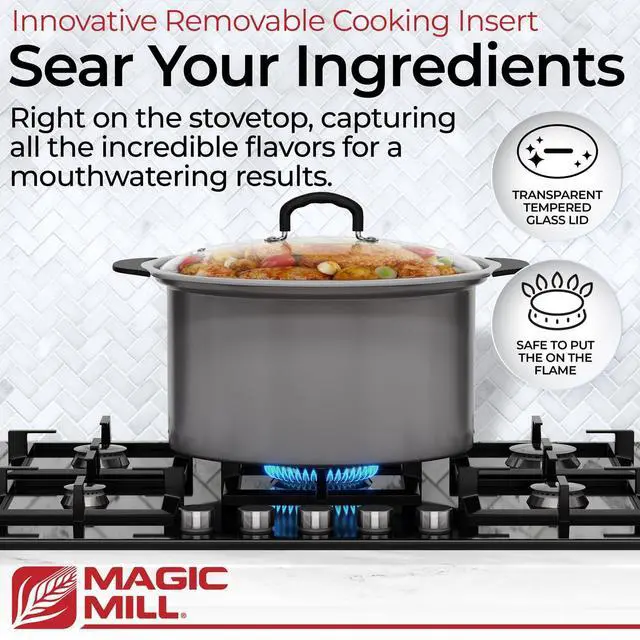 Alt view image 2 of 7 - Magic Mill Slow Cooker 10 Quart | Extra Large Non-Stick Metal Searing Pot & Transparent Tempered Glass Lid Multipurpose Lightweight Slow Cookers, Pot is Safe to Put the On the Flame, Dishwasher Safe