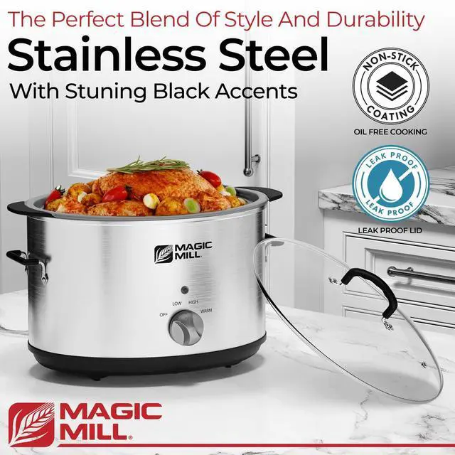 Alt view image 6 of 7 - Magic Mill Slow Cooker 10 Quart | Extra Large Non-Stick Metal Searing Pot & Transparent Tempered Glass Lid Multipurpose Lightweight Slow Cookers, Pot is Safe to Put the On the Flame, Dishwasher Safe