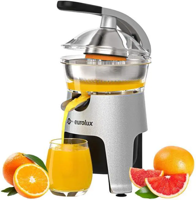 Main image of Eurolux Die Cast Stainless Steel Electric Citrus Juicer Squeezer, for Orange, Lemon, Grapefruit | 300 Watts of Power, With 2 Stainless Steel Filter Sizes for Pulp Control