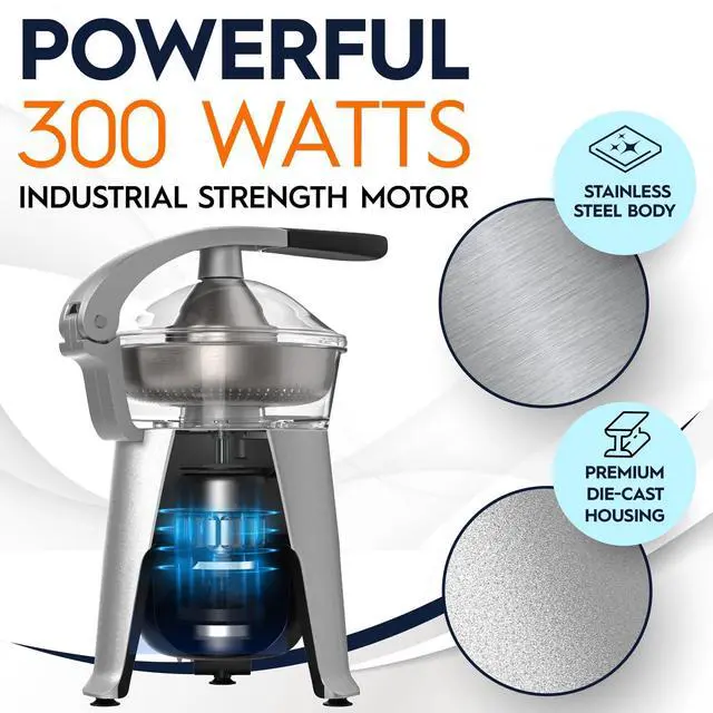 Alt view image 2 of 7 - Eurolux Die Cast Stainless Steel Electric Citrus Juicer Squeezer, for Orange, Lemon, Grapefruit | 300 Watts of Power, With 2 Stainless Steel Filter Sizes for Pulp Control