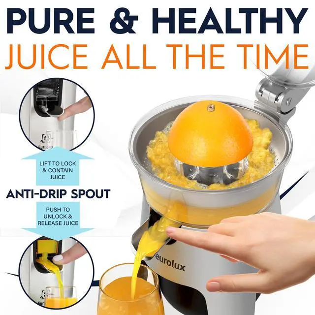 Alt view image 3 of 7 - Eurolux Die Cast Stainless Steel Electric Citrus Juicer Squeezer, for Orange, Lemon, Grapefruit | 300 Watts of Power, With 2 Stainless Steel Filter Sizes for Pulp Control