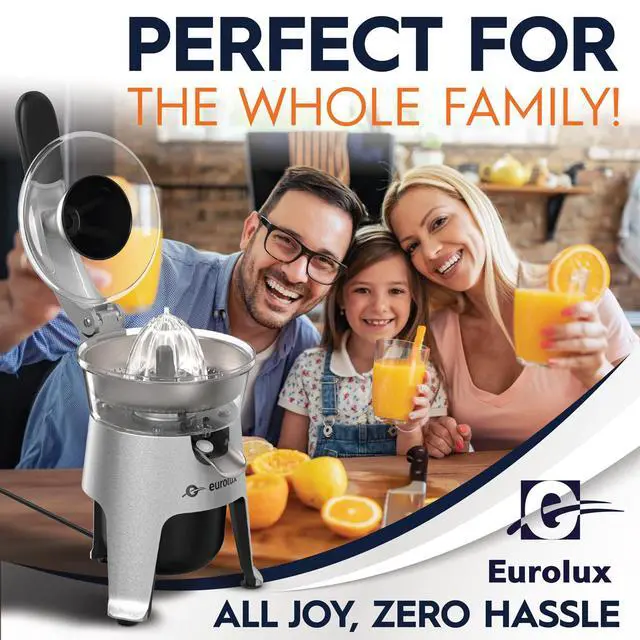 Alt view image 5 of 7 - Eurolux Die Cast Stainless Steel Electric Citrus Juicer Squeezer, for Orange, Lemon, Grapefruit | 300 Watts of Power, With 2 Stainless Steel Filter Sizes for Pulp Control
