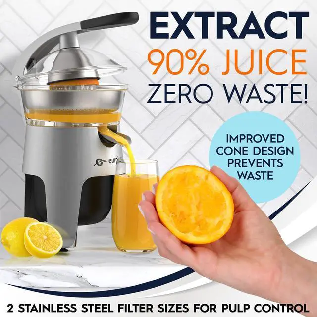 Alt view image 4 of 7 - Eurolux Die Cast Stainless Steel Electric Citrus Juicer Squeezer, for Orange, Lemon, Grapefruit | 300 Watts of Power, With 2 Stainless Steel Filter Sizes for Pulp Control