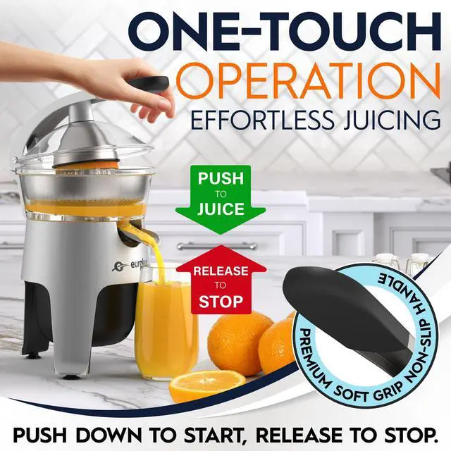 Alt view image 6 of 7 - Eurolux Die Cast Stainless Steel Electric Citrus Juicer Squeezer, for Orange, Lemon, Grapefruit | 300 Watts of Power, With 2 Stainless Steel Filter Sizes for Pulp Control