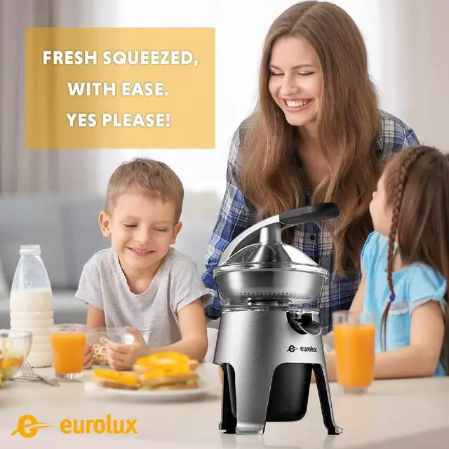 Alt view image 7 of 7 - Eurolux Die Cast Stainless Steel Electric Citrus Juicer Squeezer, for Orange, Lemon, Grapefruit | 300 Watts of Power, With 2 Stainless Steel Filter Sizes for Pulp Control