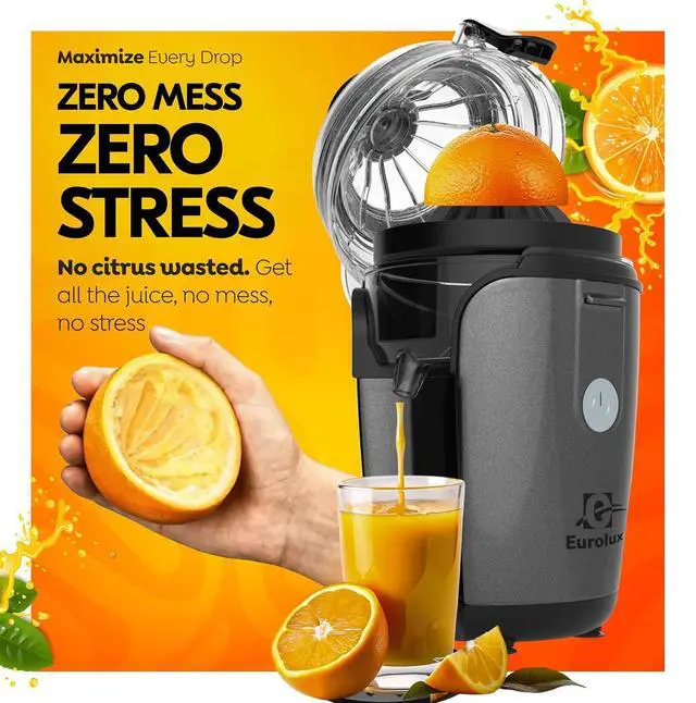 Alt view image 4 of 7 - Eurolux Hands-Free Electric Citrus Juicer Machine, Orange Lime Grapefruit Lemon Squeezer, Easy to Clean, 2 Cone Sizes (Gray)