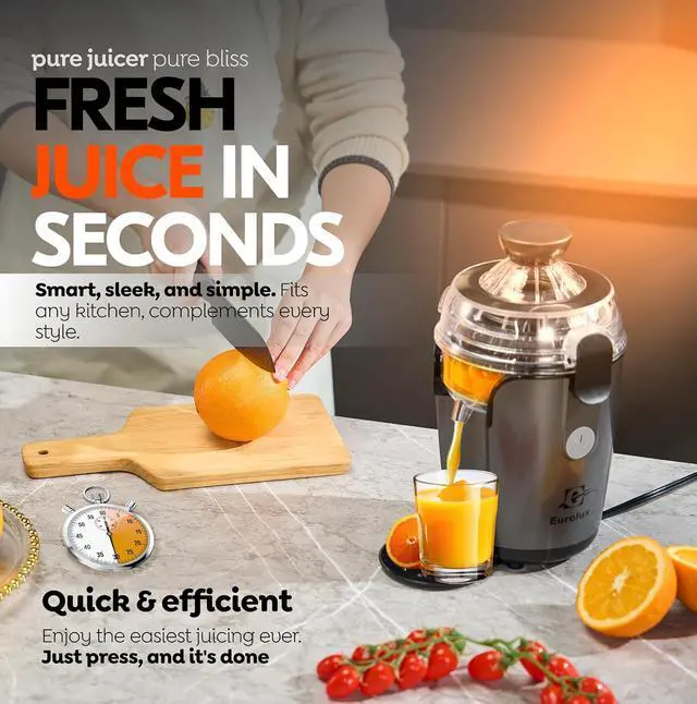Alt view image 7 of 7 - Eurolux Hands-Free Electric Citrus Juicer Machine, Orange Lime Grapefruit Lemon Squeezer, Easy to Clean, 2 Cone Sizes (Gray)