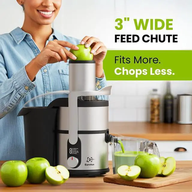 Alt view image 3 of 7 - Eurolux Centrifugal Juicer Machine, Easy to Clean Juice Extractor with 3" Feed Chute for Less Cutting, Stainless Steel & BPA-Free