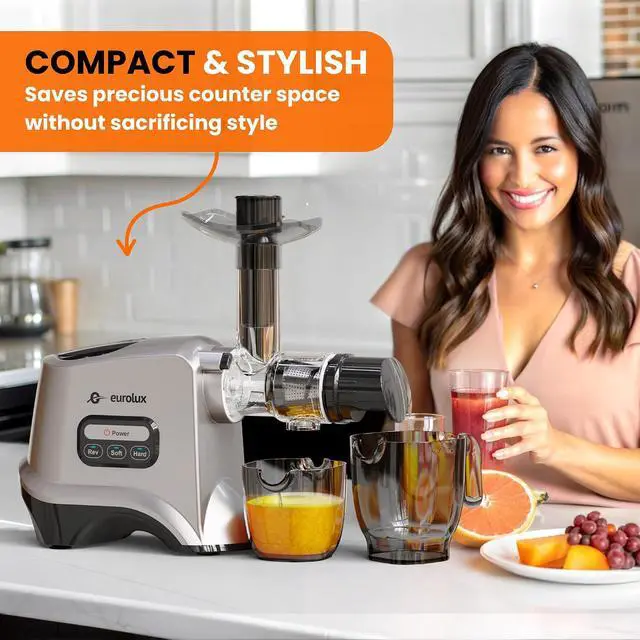 Alt view image 4 of 7 - Eurolux Slow Masticating Juicer Cold Press Machine for High-Yield Juice Extraction Quiet & Powerful Juicer for Fruits and Vegetables Easy to Clean, BPA-Free & Nutrient-Rich Compact Design