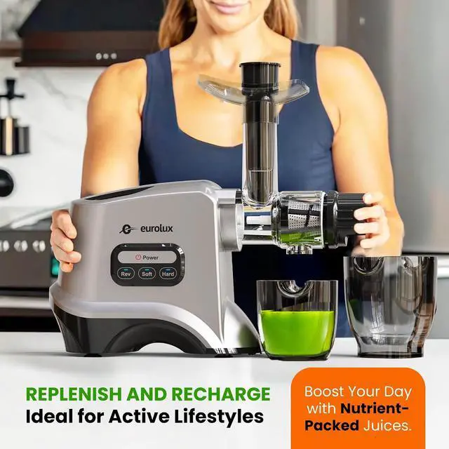 Alt view image 6 of 7 - Eurolux Slow Masticating Juicer Cold Press Machine for High-Yield Juice Extraction Quiet & Powerful Juicer for Fruits and Vegetables Easy to Clean, BPA-Free & Nutrient-Rich Compact Design