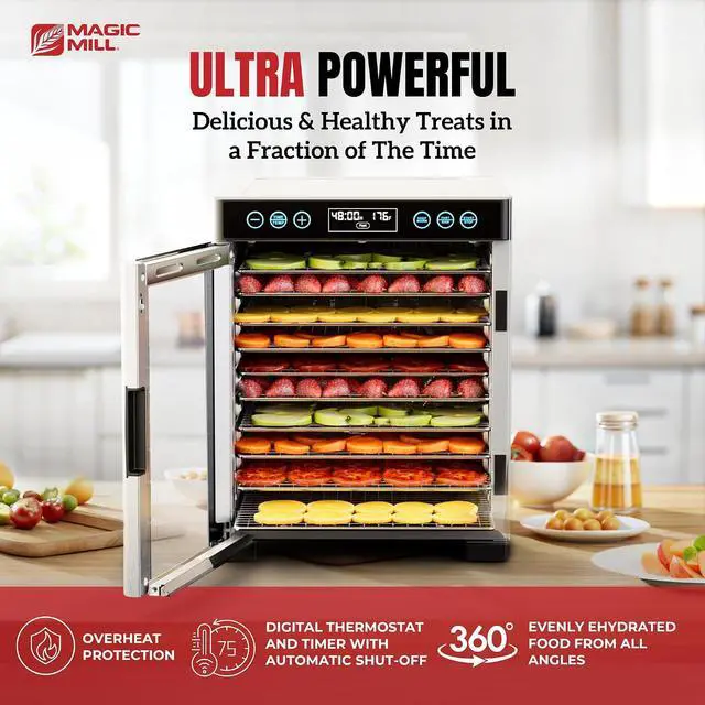 Alt view image 2 of 7 - Magic Mill Pro Food Dehydrator Machine | 10 Stainless Steel Trays | Dryer for Jerky, Dog Treats, Herb, Meat, Beef, Fruit | Keep Warm Function, Digital Timer and Temperature Control, ETL Approved