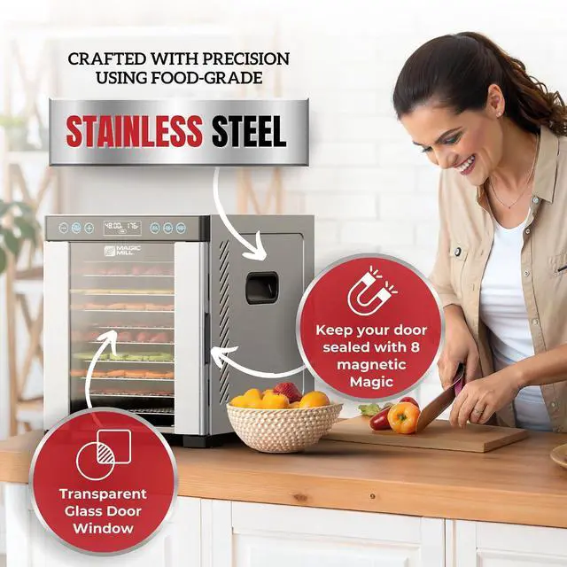 Alt view image 4 of 7 - Magic Mill Pro Food Dehydrator Machine | 10 Stainless Steel Trays | Dryer for Jerky, Dog Treats, Herb, Meat, Beef, Fruit | Keep Warm Function, Digital Timer and Temperature Control, ETL Approved