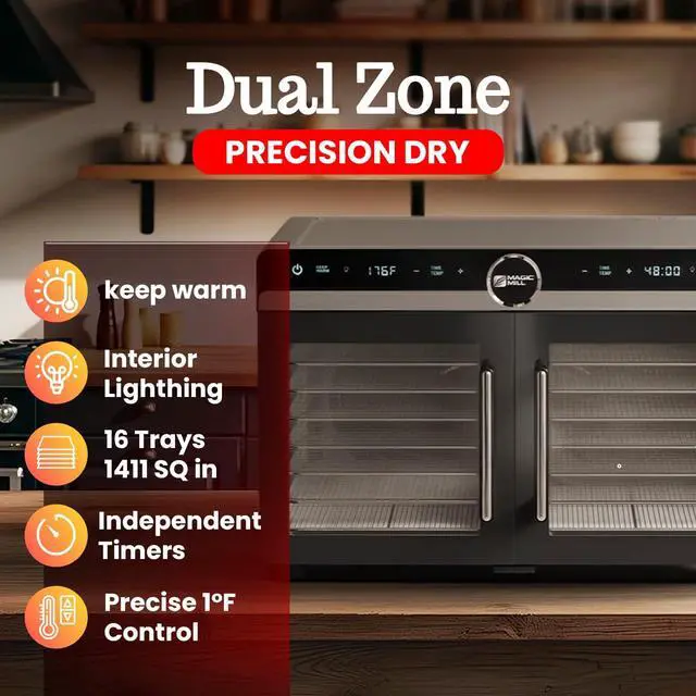 Alt view image 3 of 7 - Magic Mill Premium DualZone Food Dehydrator, 16 Stainless Steel Trays with French Doors, Independent Temp Control, Rear Fan, Keep Warm Mode, for Jerky, Fruit, Veggies, Dog Treats, Meal Prep