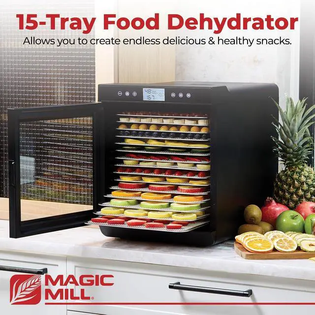 Alt view image 2 of 7 - Magic Mill Premium Food Dehydrator Machine (15 Extra-Large Stainless Steel Trays) 800W Dryer for Beef Jerky, Fruits, Vegetables, Dog Treats, 48 Hour Digital Timer - 95°-167° Temperature Control