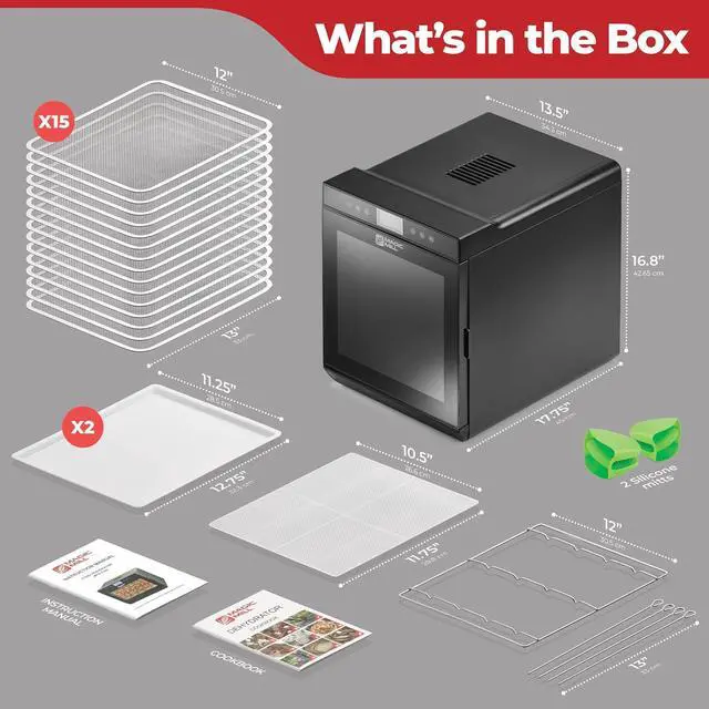 Alt view image 7 of 7 - Magic Mill Premium Food Dehydrator Machine (15 Extra-Large Stainless Steel Trays) 800W Dryer for Beef Jerky, Fruits, Vegetables, Dog Treats, 48 Hour Digital Timer - 95°-167° Temperature Control