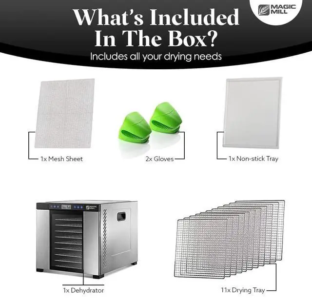 Alt view image 3 of 7 - Magic Mill Food Dehydrator Machine | 11 Stainless Steel Trays | Adjustable Timer and Temperature Control | Jerky, Herb, Meat, Beef, Fruits and Vegetables Dryer | Safety Over Heat Protection