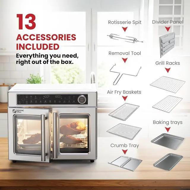 Alt view image 5 of 7 - Magic Mill Ultra-Premium Air Fryer Toaster Oven Combo With Independent Dual-Zone Technology, Extra Large 32QT French Door Stainless Steel Convection Oven, Next-Gen Patent Technology, 13 accessories