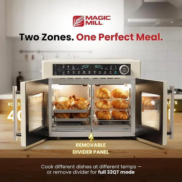 Alt view image 2 of 7 - Magic Mill Ultra-Premium Dual-Zone Stainless Steel Air Fryer Toaster Oven Combo, Extra Large 32QT French Door Convection Oven with Next-Gen Patent Technology, 13 Accessories, Rotisserie, Sync Finish