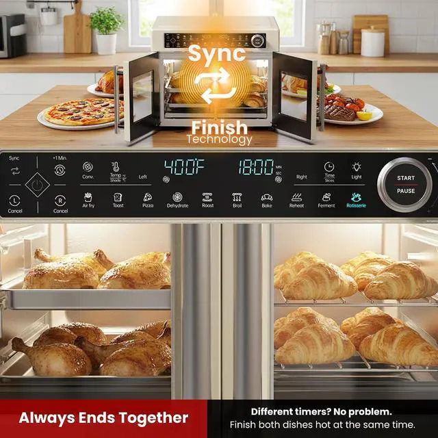Alt view image 3 of 7 - Magic Mill Ultra-Premium Dual-Zone Stainless Steel Air Fryer Toaster Oven Combo, Extra Large 32QT French Door Convection Oven with Next-Gen Patent Technology, 13 Accessories, Rotisserie, Sync Finish