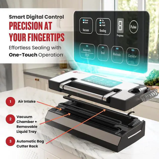 Alt view image 4 of 7 - Magic Mill Pro Liquid Vacuum Sealer Machine, New Patent Technology for Liquid, Dry, Moist Food, Upgraded Handle Lock, 90Kpa Bag Storage, Built-in Cutter, Removable Drip Tray, Double Seal for Freshness