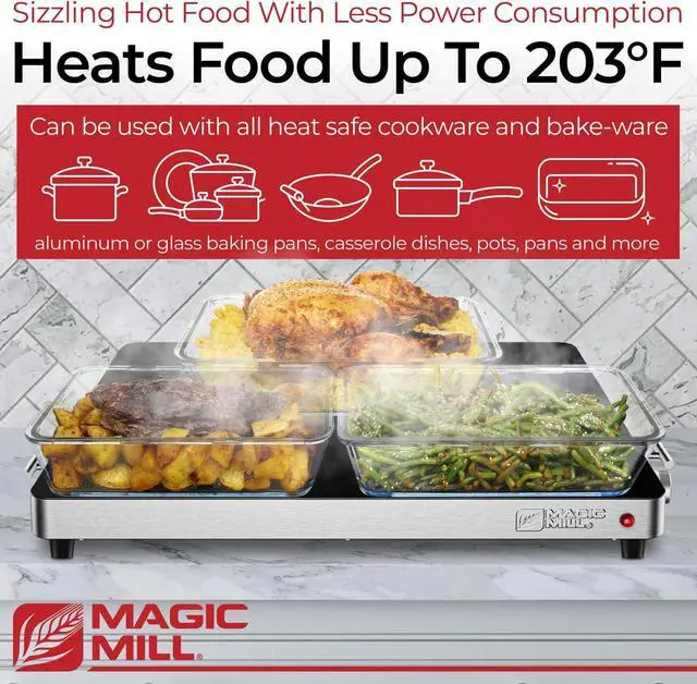 Alt view image 2 of 7 - Magic Mill 3 Pack Premium-Grade Glass Food Warmer for Parties Buffet, XL Stainless Steel Modern Electric Warming Tray, Adjustable Temperature Control, Advanced Heating System Size-21x16 (3PK)