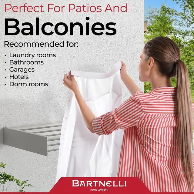 Alt view image 6 of 7 - Bartnelli Wall Mounted Laundry Drying Rack for Clothes | Made in Europe with Patented Foldable Design for Maximum Space-Saving Efficiency, Collapsible Clothing Racks for Indoor and Outdoor